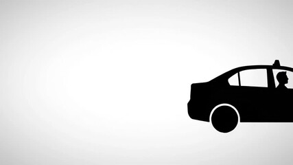 Depicting modern urban mobility and passenger transport services through a sleek black and white silhouette of a moving taxi and its professional driver, ideal for app interfaces or digital promotions