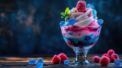 A vibrant dessert cup filled with layers of colorful ice cream, fresh raspberries, and blueberries, garnished with mint on a wooden table