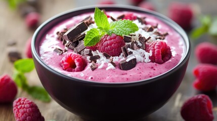 A vibrant raspberry smoothie bowl topped with fresh raspberries, chocolate chunks, coconut flakes, and a sprig of mint on a wooden surface