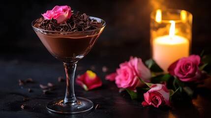 Indulge in a decadent chocolate dessert, adorned with delicate pink roses and shavings, illuminated by the warm glow of candlelight