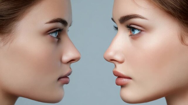 Two women's faces in profile, facing each other. Soft skin, noses, eyes, and lips