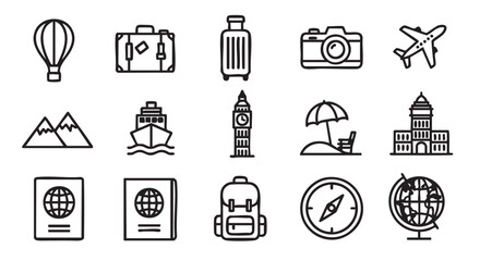 Travel icons including passport suitcase mountains ship and hot air balloon
