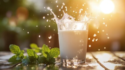 A refreshing splash of milk in a glass with mint leaves on a wooden table, illuminated by sunlight creating a vibrant and inviting scene