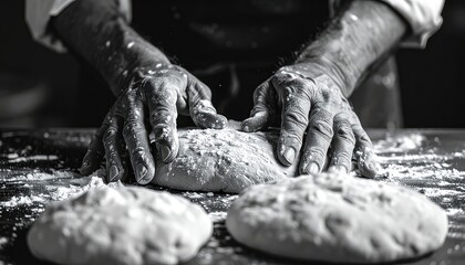 Close-up black and white image of experienced hands kneading dough dusted with flour.