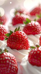Close-up of ripe strawberries resting on swirls of white cream.