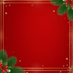 Festive Red Christmas Background with Golden Frame and Pine Decorations