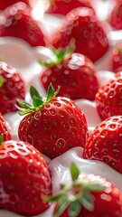 Vibrant close-up of ripe strawberries covered in creamy white topping.