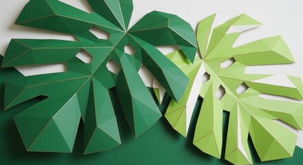 Low poly 3D render green monstera leaves background. Geometric abstract tropical foliage texture perfect for eco-friendly product packaging, summer sale banners, botanical wallpapers or modern design