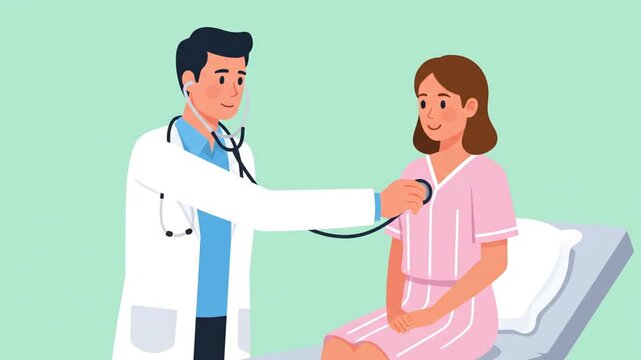Caring male doctor conducting a thorough medical examination on a female patient, listening to her heart with a stethoscope during a routine health check-up in a hospital setting