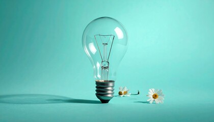 Clear lightbulb with daisies against a teal background, casting a shadow