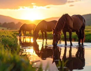 Three brown horses drink water from a stream during a vibrant golden sunset.