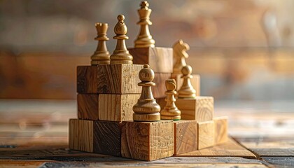 Wooden Chess Pieces Ascending a Structure of Wooden Blocks Symbolizing Strategy and Hierarchy