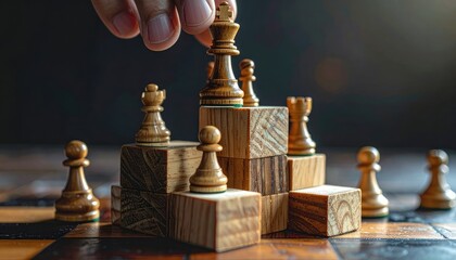 A hand places a wooden chess king atop a structure of blocks, symbolizing strategy and leadership.