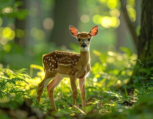 A spotted fawn stands alertly in a sun-dappled, lush green forest.