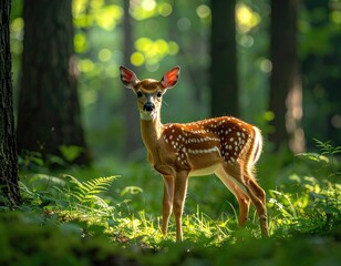 A spotted fawn stands alert in a sun-dappled, lush green forest.