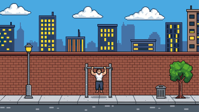 Pixel art illustration of a muscular man doing a pull-up on a horizontal bar on a city street with a brick wall and urban skyline in a retro 8-bit video game style