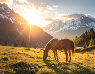 A majestic brown horse grazes in a sun-drenched alpine meadow beneath towering, snow-capped mountains at sunset.