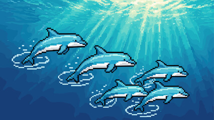 Fototapeta premium Five blue pixelated dolphins swimming gracefully underwater in a retro 8-bit video game style illustration with beautiful sunlight filtering through the turquoise sea
