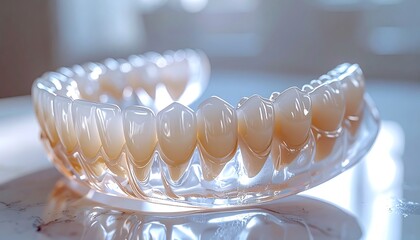 Clear plastic dental aligner holding set of artificial teeth rests on a white surface