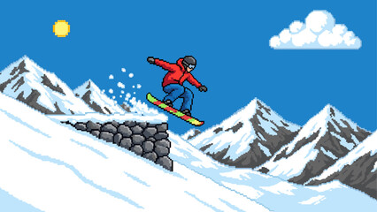 Obraz premium Pixel art snowboarder in a red jacket mid-jump from a snowy cliff in an 8-bit retro video game style with a mountain landscape and blue sky