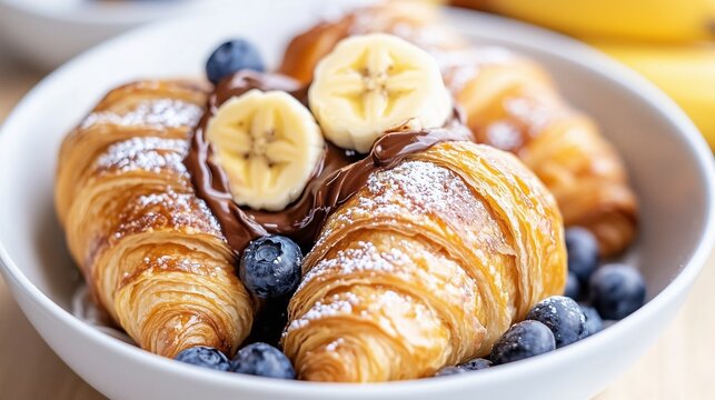 Candid composition of overlapping croissants topped with banana slices and chocolate spread, surrounded by fresh blueberries in a white bowl, showcasing delicious pastry indulgence