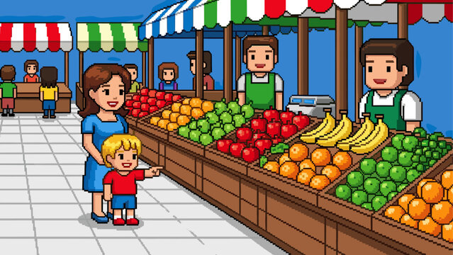 Pixel art illustration of a farmers market where a mother and child shop for fresh fruit from a friendly vendor at an outdoor stall with a colorful striped awning - Powered by Adobe