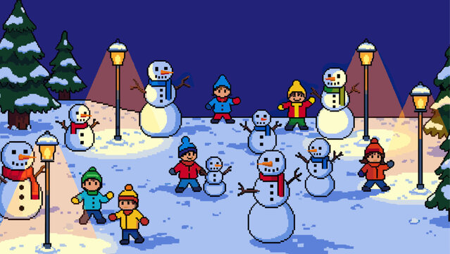 Cute pixel art children and snowmen enjoying a cheerful winter night scene, illuminated by warm street lamps among snow-covered trees - Powered by Adobe
