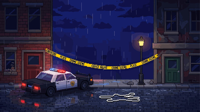 Dark pixel art crime scene illustration with a police car, chalk outline, and yellow tape on a rainy city street at night, creating a mysterious noir atmosphere