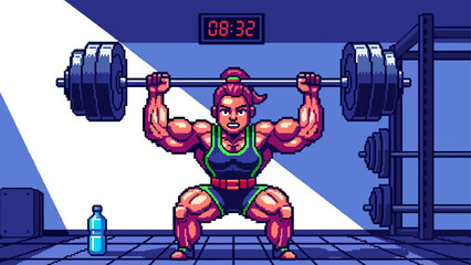 Muscular pixel art woman weightlifter lifting a heavy barbell overhead with a determined expression in a retro video game style gym with a digital clock on the wall
