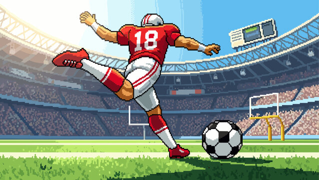 American football player kicking a soccer ball in a large stadium during a game, rendered in a retro pixel art video game style with bright sunny lighting
