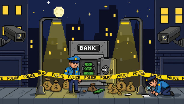 Pixel art bank robbery crime scene illustration with police officers investigating an open safe full of money on a city street at night
