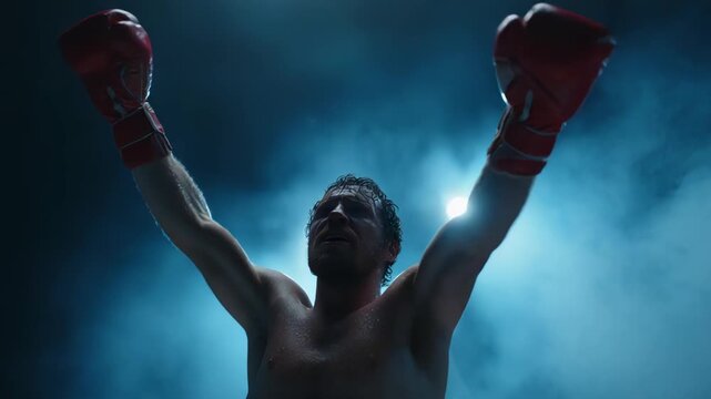 Muscular figure emerges amid blue haze with victorious stance