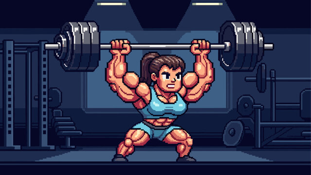 Muscular female weightlifter in pixel art style lifting a heavy barbell overhead in a dimly lit gym with a determined expression on her face
