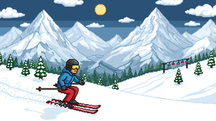 Fototapeta premium Pixel art illustration of a person skiing down a snowy mountain slope at a winter resort with a chairlift and pine trees under a night sky with a moon