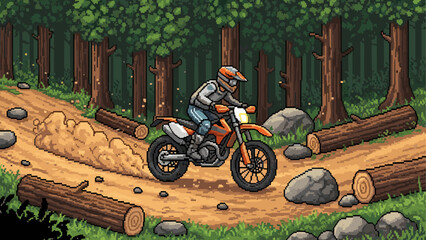 Pixel art motocross rider on an orange dirt bike navigating a challenging forest trail, kicking up dust past logs and rocks in a retro 8-bit video game aesthetic
