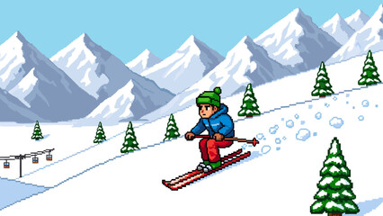 Naklejka premium Pixel art skier in winter clothes skiing down a snowy mountain slope in a retro video game landscape with fir trees and a chairlift under a clear blue sky
