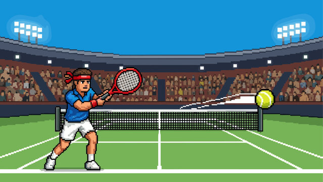 Pixel art tennis player character hitting a fast ball with a racket during a championship match in a large stadium with a crowd in a retro 8-bit video game style