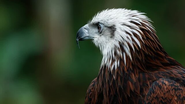 Close up portrait of a majestic brahminy kite bird with white head and brown body