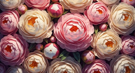Exquisite 3D low poly paper floral background with pink, white, and peach roses. Elegant geometric papercraft composition for wedding invitations, greeting cards, and romantic spring designs.