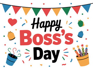 Happy Boss's Day message with colorful confetti, streamers, and party candles.