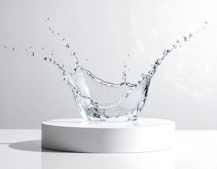 Clear water bursts upward from a white circular pedestal, against a bright white backdrop, creating a splash