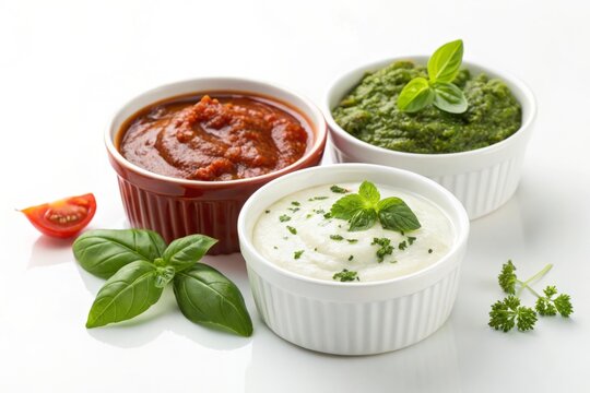 Three bowls of red green and white Mediterranean dips with fresh herbs on white background
