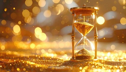 An elegant golden hourglass marks the passage of sparkling time against a bokeh background.