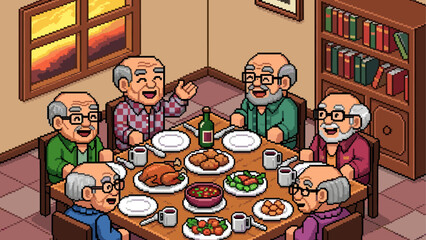 Six happy elderly men having dinner together at a wooden table in a cozy home, a charming retro pixel art illustration with an isometric view and warm lighting