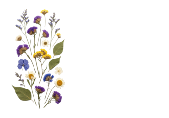 Meticulously arranged dried wildflowers in muted purple, blue, yellow, and white hues with stems and leaves, flat lay on a transparent background with copy space, serene natural beauty concept