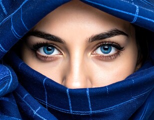 Close-up of intense blue eyes framed by a deep blue, patterned fabric hood