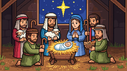Pixel art nativity scene with a baby in a manger surrounded by his mother, father, and shepherds in a stable under a bright guiding star in a retro 8-bit video game style
