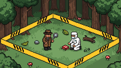 Pixel art illustration of a detective and forensic scientist investigating a crime scene in a forest with yellow caution tape cordoning off the area in an isometric view