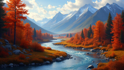 Bergtal im Herbst, ein gewundener Fluss, umgeben von roten und orangen W&auml;ldern, ferne schneebedeckte Gipfel, Sonnenlicht, das durch die Wolken bricht, &Ouml;l auf Leinwand. KI Generated