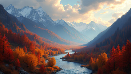 Bergtal im Herbst, ein gewundener Fluss, umgeben von roten und orangen W&auml;ldern, ferne schneebedeckte Gipfel, Sonnenlicht, das durch die Wolken bricht, &Ouml;l auf Leinwand. KI Generated